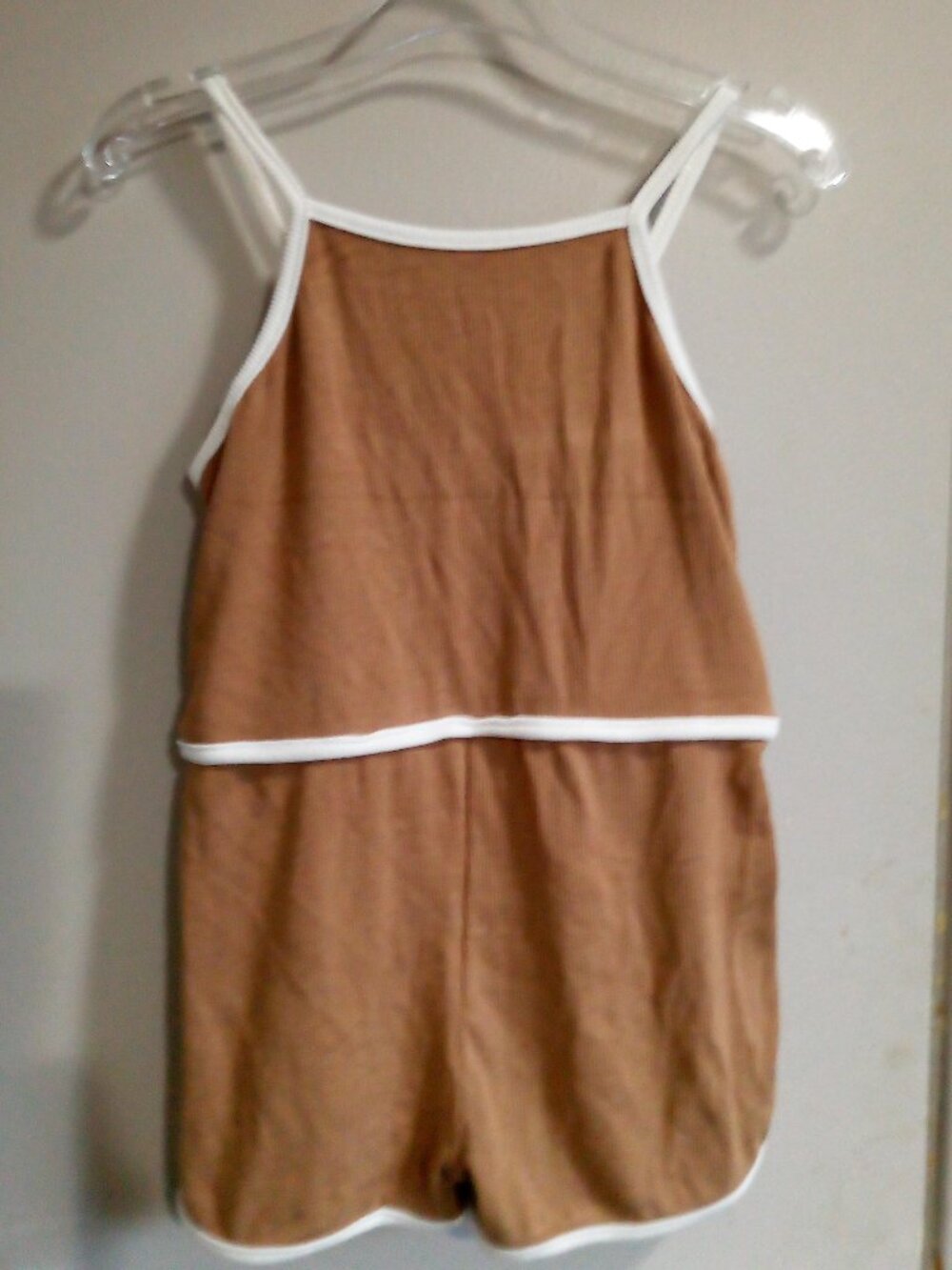 Tan Ribbed Trim Baby Romper